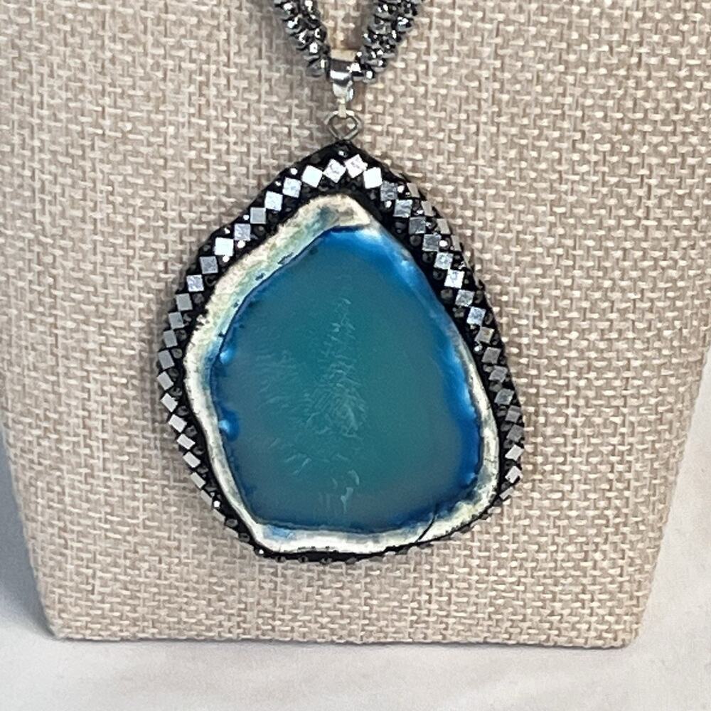 Vintage Sterling Silver 925 Blue Aqua Agate Slice Pendant Necklace 16" (#23) - Picture 2 of 16